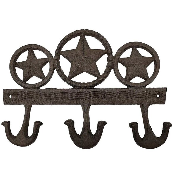 Cast Iron Texas Stars Rings Wall Hook Rack Key Towel Coat Hanger Rustic Brown - Picture 1 of 8